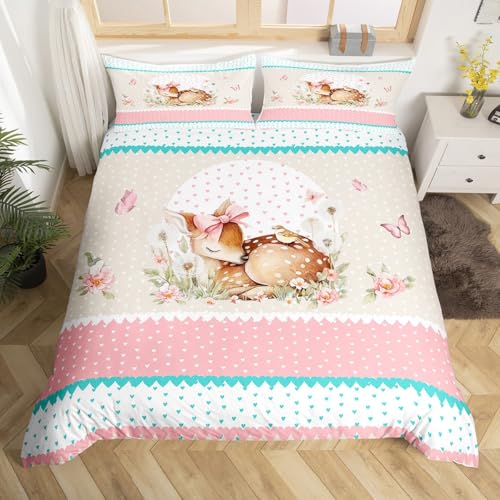 Homewish Hellbraun REH Bettwäsche Rosa Schleife Schmetterling Bettbezug Set 135x200cm für Prinzessin Mädchen Kinder Jugendliche,Geometrisches Liebesherz Pflanzen Löwenzahn Blumen Dekor Bettwäscheset