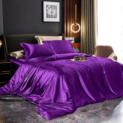 Covebett Satin Bettwäsche 135x200 Lila Pflaume Uni Glatt Luxus Seide Aesthetic Seidenbettwäsche Set Einfarbig Glänzend Glanzsatin Microfaser Sommer Bettbezug und Kissenbezug 80x80cm Reißverschluss
