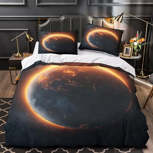 RJAVAGFZL Nachtleuchten der Erde 3D-Druck 3er-Set Kuschelbezug Kosmische Weltraumszene Bettbezug Mikrofaser Atmungsaktiv Staubmilbenfest für Jugendliche Männer Frauen Single?140x200cm?