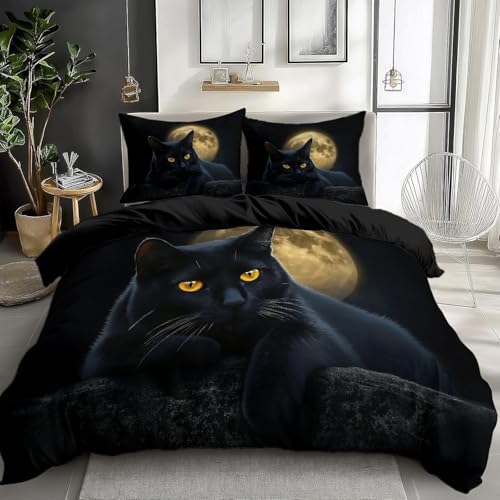 YZQGLHP Bettwäsche Set 200x220 Gotische Geheime Katze Bettbezug Microfaser Bettwäscheset Jugendliche Blau Weiß Deckenbezug King Size 3 Teilig Modern Luxus Bettgarnitur Paare Set Reißverschluss