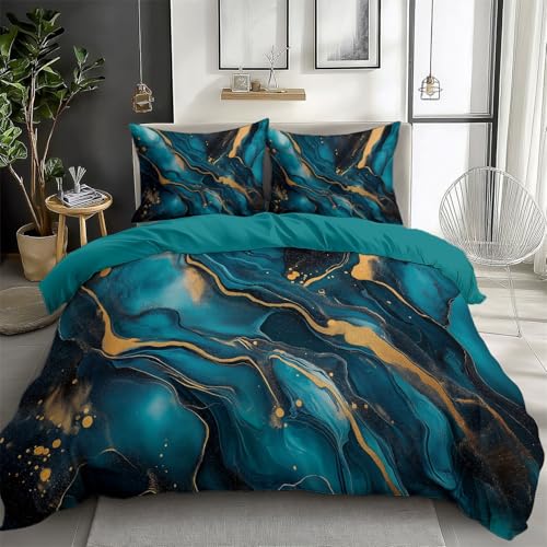 CozyRest Bettwäsche 155 x 220 cm Türkis Bettwäsche Set Blauer und Goldener Marmor Muster Mikrofaser Wendebettwäsche Bettbezug Set Dreiteilig Gedruckt für Erwachsene Teenager