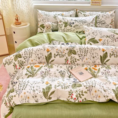 Nayoroom Bettwäsche 140x200 Baumwolle Grün Blätter mit Bunt Blumen Frühling Bettbezug Set 2teilig Aesthetic Landhausstil Clean Girl Einzelbett Baumwoll Deckenbezug und Kissenbezug 70x90 Reißverschluss