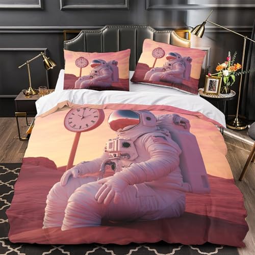 RWKAVZLOP Astronaut sitzt 3D Bedruckt Bettdeckenbezug 3teilig Mikrofaser pflegeleicht Science-Fiction-Weltrauma benteuer Bettbezug 2 Kissenbezüge Abriebfest Jugendliche Erwachsene (135x200cm)