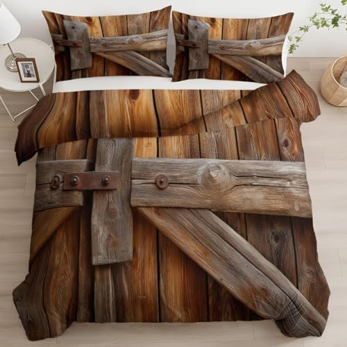 Bettwäsche 140x200 Vintage-Holz 3D Druck Bettbezug 140x200 Landhausstil Bettwäsche-Sets Weiche Mikrofaser Bettwäsche Set 3 Teilig Bettbezüge für Einzelbett mit 2 Kissenbezüge H-3510