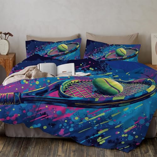 Bettwäsche 135*200cm Tennisschläger mit abstrakter Spritzertextur Bettbezug Set 2 Teilig Sportthema im-Stil Blümchen Blumenmuster Weich Bettwäsche-Sets mit 1 Kissenbezüge 80x80cm und Reißverschluss