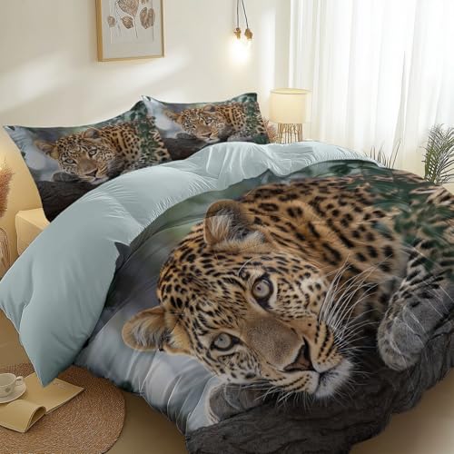 Bettbezüge 240 x 220 cm Bettbezug Set Blau gebürsteter Mikrofaser mit Reißverschluss Bedruckte Bettbezüge, Natürliche Tierfotografie Mit Leoparden Muster Pflegeleichte, Atmungsaktive Bettwäsche