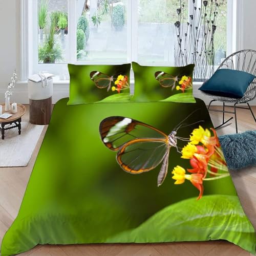 TACOKI Bettwäsche 155x220 Grün, 3D Muster Schmetterling Bettwäsche Set Weich Kuschelig Mikrofaser Bettbezug mit Reißverschluss Bettbezüge + 2 Kissenbezug 80x80 cm q6153