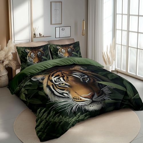 Wendbares Bettwäsche-Set Dschungel Tier Tiger Theme Patterns – Grau Grün Weiche Mikrofaser-Bettwäsche für Erwachsene und Kinder, Bequeme Bettwäsche für alle Jahreszeiten 180 x 200 cm