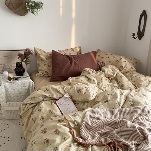 MKXI Bettwäsche-Set mit Blumenmuster, 3-teilig, Vintage-Stil, Landhaus-Stil, mit floralen und grünen Blättern, 100 % Baumwolle, weich, ästhetisch, Bettbezug mit Bändern und Kissenbezügen, Gelb / Beige MKXI Bettwäsche-Set mit Blumenmuster, 3-teilig, Vintage-Stil, Landhaus-Stil, mit floralen und grünen Blättern, 100 % Baumwolle, weich, ästhetisch, Bettbezug mit Bändern und Kissenbezügen, Gelb / Beige