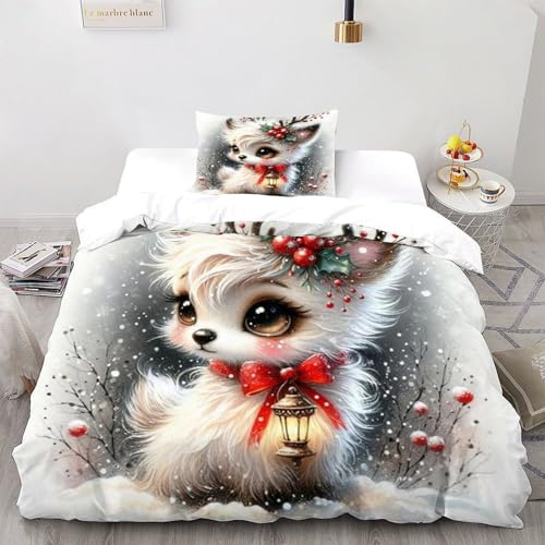 DOXLITVT Süßes REH Weihnachten Bettwäsche Set 2-teilig Animal Theme Kinderbettwäsche Mit Kissenbezügen Betten Set Für Jugendliche Kinder Schlafzimmer Single?135x200cm?