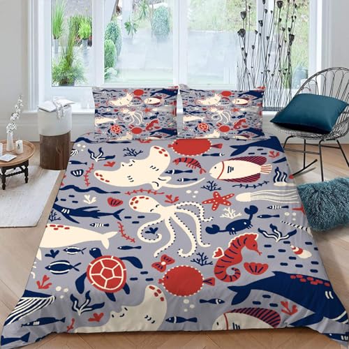MOXINO 3D Maritime Bettwäsche 135x200 cm 2teilig Delfine Kraken Bettwäsche für Kinder Leicht Mikrofaser Bettbezug Sommer Weiche Bettbezüge mit Kissenbezüge 50x75?Muster 107-1?