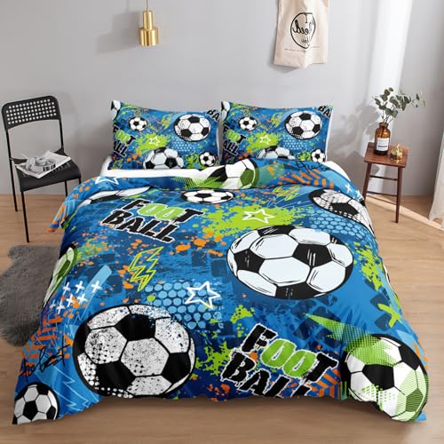 HOSIMA Fußball-Bettwäsche,135 x 200 cm,Blau Football,Bettwäsche-Set, 1 Bettbezug,1 Kissenbezug,mit Reißverschluss,geeignet für Kinder,Jugendliche und Erwachsene
