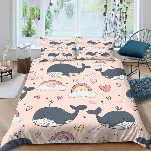 Pummeliger Wal Bettwäsche-Set Regenbogenherz, funkelnder kleiner Stern und Wolken Bettbezug King?220x240cm? Microfaser 3 Teiliges Mit Kissenbezüg Und Reißverschlusse 3D Druck,für Kinder Und Erwachsene