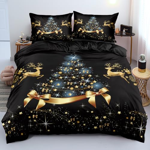 Luofanfei Weihnachts Bettwäsche 200x220 Schwarz Gold Blau Weihnachtsbaum Rentier Warm Weiche Bettwäsche Set Weihnachten Microfaser Bettbezug 220x200 und 2 Kissenbezüge 80x80cm mit Reißverschluss