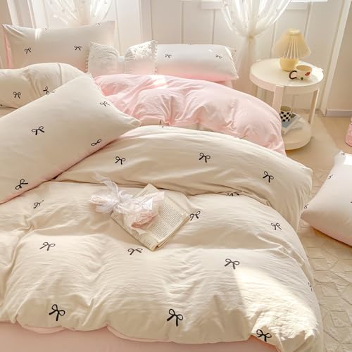 Covebett Bettwäsche 135x200 Mädchen Weiß Rosa mit Schwarz Schleifen Kinder Bettbezug 2teilig Aesthetic Kawaii Renforcé Microfaser Einzelbett Deckenbezug Reißverschluss und Kissenbezug 80x80cm
