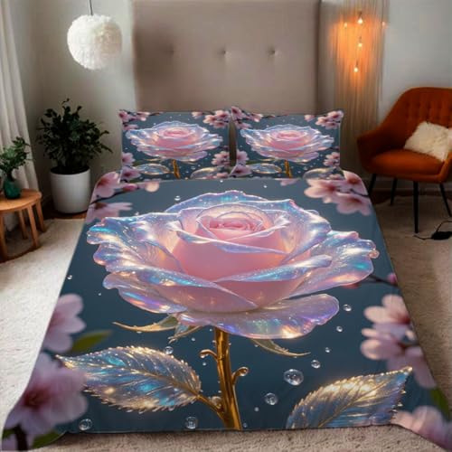 Zbeiba Bettwäsche 135x200,Crystal Pink Roses Print Muster Lebendige Farben Bettbezug Set Für Teenager Kinder Mikrofaser Sanft Bedding + 2 Kissenbezüge(135x200+2 * 80x80,#1