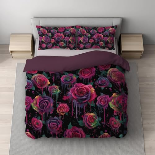 Generisch Bettwäsche-Sets Weinrot 3teilig Bettbezug 180 x 200 cm + 2 Kissenbezüge 80 x 80 cm, Romantisch Ölgemälde Farbverlauf Rosen Wendebettwäsche mit Reißverschluss Bügelfrei und Weich