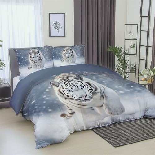 Bettwäsche 220 x 240 cm Bettwäsche aus Microfaser Weich Schlafzimmer Dekoration Tiere Tiger Schnee Bettwäsche Set Bettbezug mit Reißverschluss und 2 Kissenbezug 80x80 cm Grau