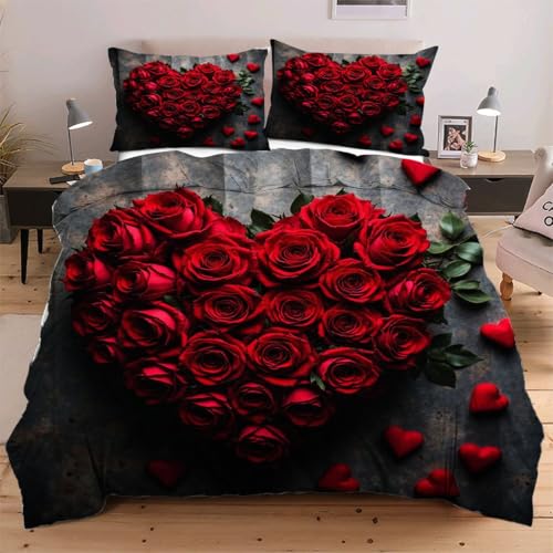 Nuphtun Bettwäsche 220 x 240 cm Rote Rose, 3D Gedruckter Musterdesign Bettwäsche-Set 220x240 + 2 Kissenbezug, Hochwertige Mikrofaser Bettbezug mit Reißverschluss D205