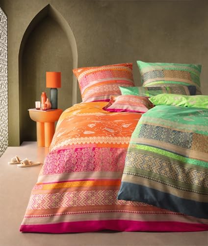  Mako Satin Bettwäsche 200x200 Molveno O1 orange pink Streifen Ornamente
