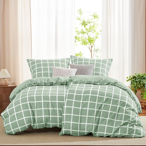 WAVVE Bettwäsche 135x200 4teilig Bettbezug Mikrofaser Bettwäsche-Sets 135 x 200 cm 2er Set mit 2 Kissenbezüge 80x80cm, ÖKO-TEX, Wendebettwäsche Bedding grün Karomuster Muster mit Reißverschluss