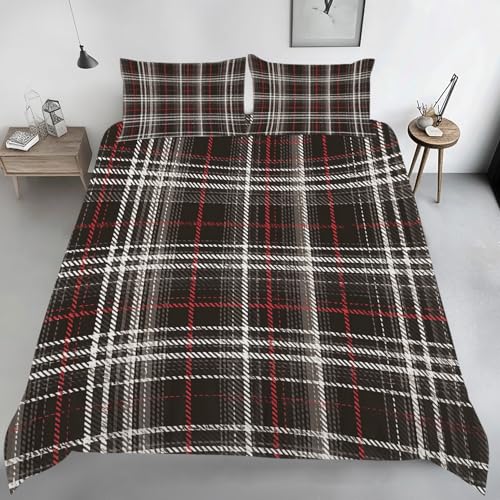 Schwarz Weiß Rot Kariert Bettwäsche 140x200, Tartan Karo Wendebettwäsche, Retro Rustikal Motiv Bettbezug mit Reißverschluss, Weiche Mikrofaser Bettwäsche Sets 2 Teilig mit 1 Kissenbezug 70x90 L143y