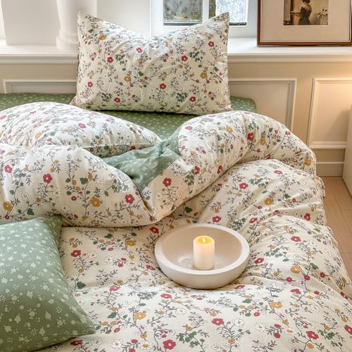 Covebett Bettwäsche 135x200 Baumwolle Grün Beige Blumen Blümchen Pflanzen Muster Bettwäsche Set 2teilg Aesthetic Vintage Mädchen Bettbezug und Kissenbezug 80x80 cm mit Reißverschluss