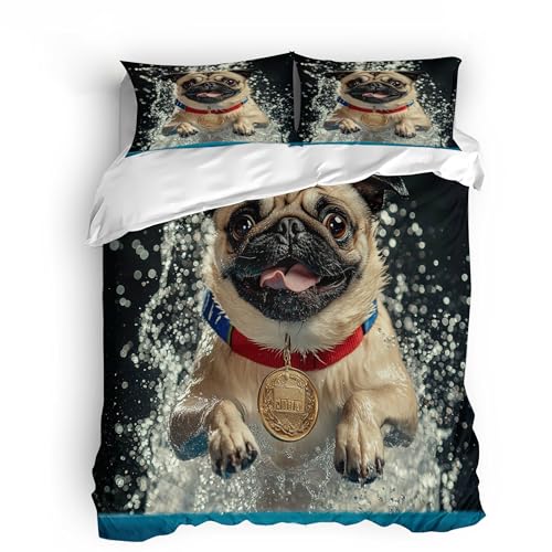 Goldmedaillen-Hund Bettwäsche Set 135x200 3teilig Tier Mops Mikrofaser Betten Set,1 Bettbezüge 135x200 cm + 2 Kissenbezüge 80X80 cm mit Reißverschluss für Jungen Kinder Mädchen