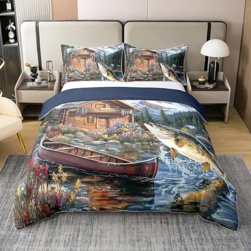 100% Baumwolle Pike Fisch Tröster Abdeckung 135x200,Jagd und Angeln Bettwäsche Set für Schlafzimmer Dekor,Rustikale Bauernhaus Bettbezug,Ländliche Kabine Lodge Bettbezug,Reversible