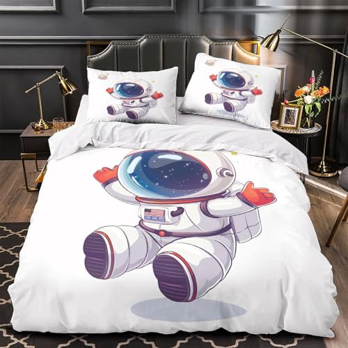 MQBASHIRP Astronauten-Cartoon 3D Bedruckt Bettdeckenbezug 3teilig Mikrofaser maschinenwaschbar Weltraumabenteuer Bettbezug 2 Kissenbezüge hautfreundlich Kinderzimmer Deko Single?140x200cm?