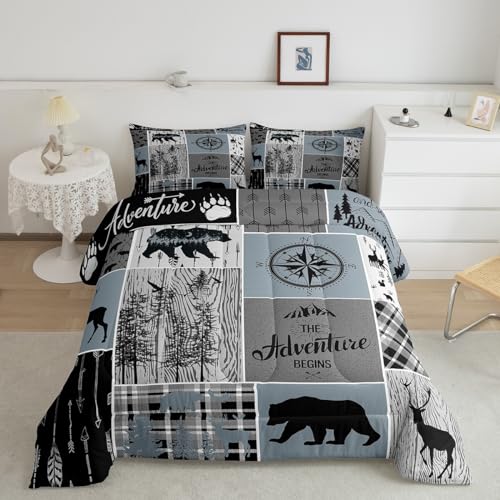 Rustikale Lodge-Bettwäsche, Bär, Hirsch, Vintage-Bettwäsche-Set, volle Größe, Landhaus, Patchwork-Bettbezug, Wald, geometrisches Karomuster, Patchwork, Daunendecke mit 2 Kissenbezügen, Grau Schwarz