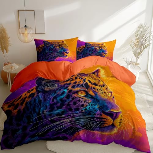 Bettwäsche 135 x 200 cm 3teilig, Surrealismus Leopard Bedrucktes Weiche Atmungsaktiv Mikrofaser Orange Farbe Reversibel Bettbezug mit Reißverschluss, Für Teenager Kinder Bettbezug