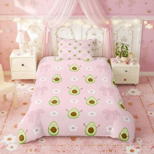 feelingyou Süße Avocado Kinder Bettdecke M Größe Prinzessin Mädchen Schleifenknopf Druck Troster Abdeckung für Jungen Mädchen Pink Romantic Lovely Flowers Fruits Bettwäsche Set(1 Kissenbehälter)