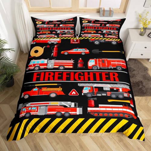 richhome Feuerwehr LKW Bettbezug Set 135x200,Feuerwehr Werkzeuge Feuerwehr Bettwäsche Set, Stadt Rettungsfahrzeuge Komfortbezug, Rot Schwarz Quilt Cover, 1 Kissenbezug