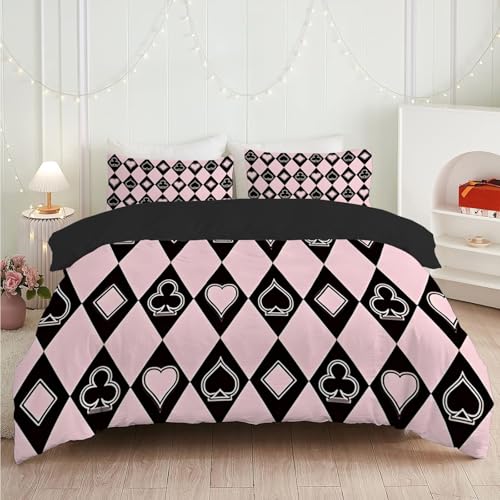 dyausi Poker Bettwäsche 135x200 Pink Schwarz, Diamant Kariert Bettbezug 3 teilig, Wendebettwäsche Microfaser, Deckenbezug mit Reißverschluss und 1 Kissenbezug D202