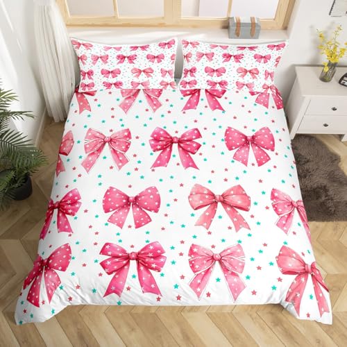 Homewish Prinzessin Rosa Bogen Bettwäsche Niedliche Stern Bogenklebe bettbezug Set 155x220cm für Kinder Jungen Mädchen Teenager,Träumige Bowknot Bettwäscheset Kawaii Coquette bettset
