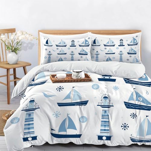 CDXNORA Bettwäsche 135x200 cm 2 teilig, Weich Microfaser Segelboote Leuchttürme Bedruckte Wendbare Bettbezüge, Weich Hautfreundlich Nautischer Cartoon-Stil Blau Bettwäsche-Sets mit 1 Kissenbezüge