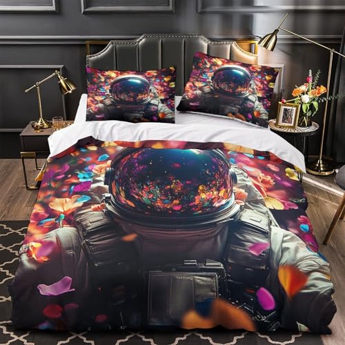 RWKAVZLOP Weltraum-Astronaut 3D Bedruckt Bettdeckenbezug 3teilig Mikrofaser atmungsaktiv farbenfrohe Blumenfantasie Bettbezug 2 Kissenbezüge hautfreundlich Jugendliche Erwachsene Single (135x200cm)