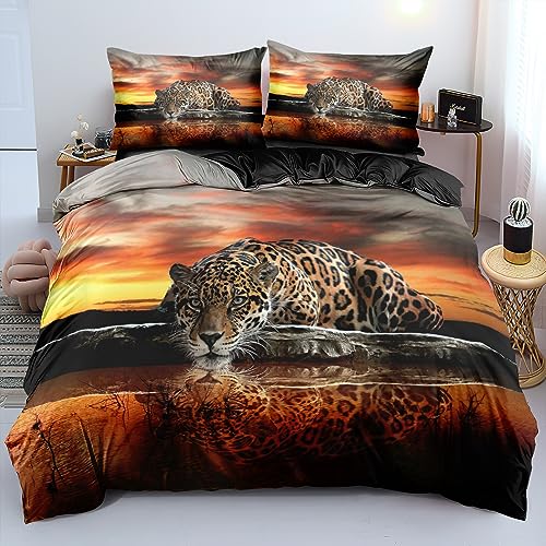 DXHOME Leopard Bettwäsche 200x200 Gelb Gold Schwarz Kinder Tiermotive Weiche Mikrofaser Wendebettwäsche für Jugendliche Bettbezug mit Reißverschluss und 2 Kissenbezüge 80 x 80cm