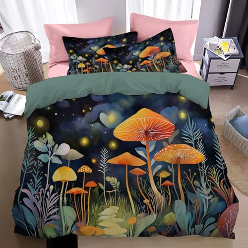WunM Studio Bettwäsche 135 * 200cm Blau Pilzstern-Glühwürmchen Bettbezug Set 3 Teilig Zauberwald Blümchen Blumenmuster Weich Bettwäsche-Sets mit 2 Kissenbezüge 80x80 cm und Reißverschluss