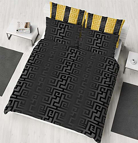 K Collection Athena Bettbezug – Griechisches Mäander Wende-Bettwäsche-Set – Griechisches Schlüssel-Design – 100% Baumwolle – Einzelbett – Schwarz/Gold