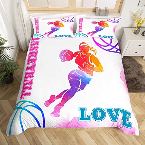 Basketball Liebhaber Kinder Bettbezug Set S Größe,Moderne Sportspiele Wettbewerb Bettwäsche Set,Mädchen Jungen Erwachsene,handbemalte Mode Tröster Abdeckung,rosa lila Quilt Cover,1 Kissenbezug