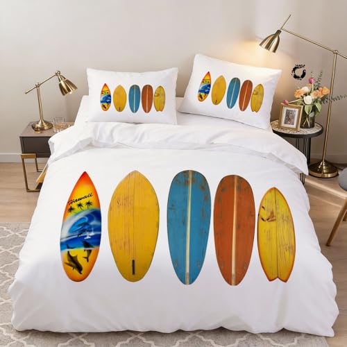 Hongduo 3D Surfbrett Bettwäsche Set 200x200 cm Weiche Mikrofaser Meer Surfen Bettwäsche-Sets mit Reißverschluss 3 Teilig Bettbezug mit 2 Kissenbezug 80x80 cm