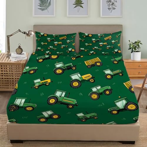 3D Spannbettlaken 140x200 cm Tiefe Tasche 30 cm Traktor-Cartoon-Stil Anti-Falten Atmungsaktiv Bettwäsche-Sets GrüN Mikrofaser Spannbetttuch Tagesdecke für Kinder Erwachsene
