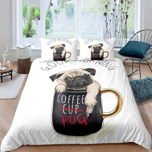 Bettwäsche 135x200 Mops Bettwäsche-Sets 2-teilig, Mikrofaser, mit Reißverschluss für Mädchen Jungen. (Bettbezug 135x200 + 1 Kissenbezüge 80x80) 5G9X180038