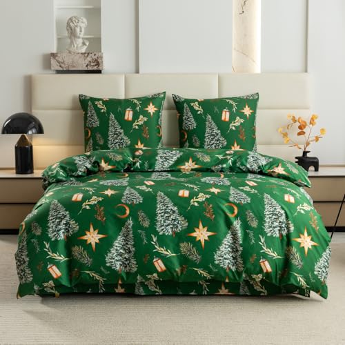 FEBE Bettwäsche Grüne Weihnachten Bettbezug-Set 135x200 + Kissenbezug 2 Teilig mit Reißveschluss