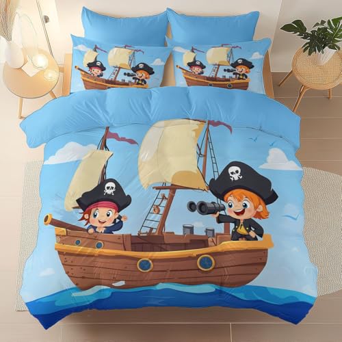 Bettbezug Set 135 x 200 cm Cartoon Pirat Schiff Mit Reißverschluss Eckbändern, Weiches Komfort Gebürsteter Mikrofaser Blau Bettwäsche Beidseitig Wendbar Pflegeleichte