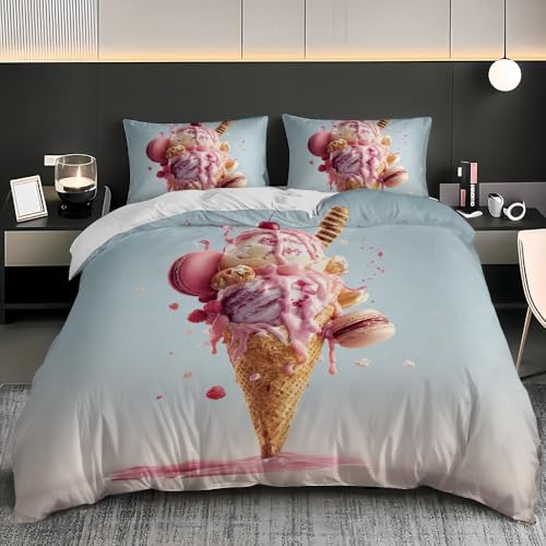 3D Bettwäsche-Set 200x200cm Hd Eiscreme Muster Bettbezüge 3 teilig für Erwachsene Kinder, Hellblau Bettbezug Microfaser 4-Jahreszeiten Bettwäsche Mit Reißverschluss und 2 Kissenbezug