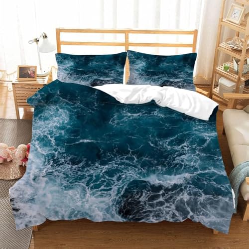 Blauer Meer Bettwäsche 155x200 cm Dunkelblau Bettwäsche-Sets Superweich Mikrofaser 3 Teilig Haben 1 Bettbezug und 2 Kissenbezüge 80×80cm mit Reißverschluss B.429