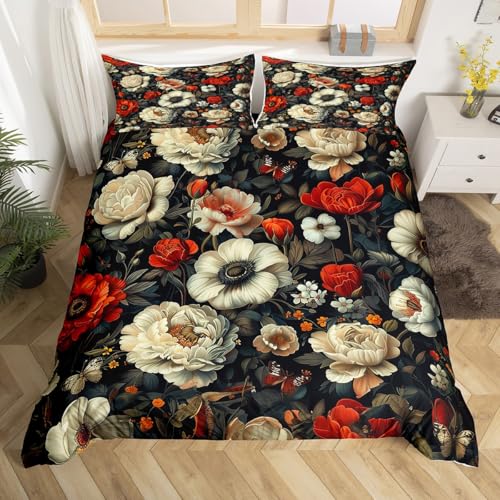 Homewish Garten Floral bettbezug für Kinder,Rote Weiße Pionie Blumen Bettwäsche 135x200cm Groovy Blume Floral Bettwäscheset Bauernhaus Vintage Schmetterling bettset Wohndekor 2 teilig Rot Weiß Schwarz